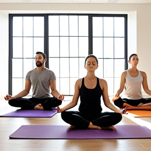 Home 15 **Image:** A modern, brightly lit office space where employees are participating in a guided meditation session during their lunch break. Some are sitting on yoga mats, others in chairs, all with eyes closed and peaceful expressions. A wellness coordinator is leading the session. The atmosphere is calm and inviting, contrasting with typical office hustle.