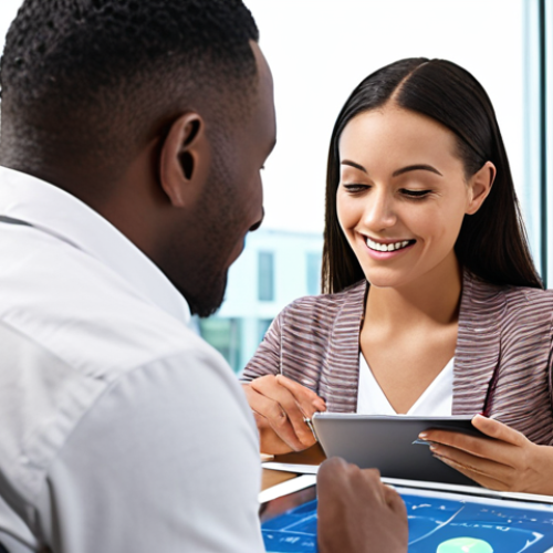 Home 14 **
Prompt: A wellness consultant providing personalized advice to a client in a bright, modern office. The consultant is using a tablet to show data related to the client's sleep patterns and fitness activity. The client looks engaged and optimistic. Focus on the individual approach and use of technology.
**