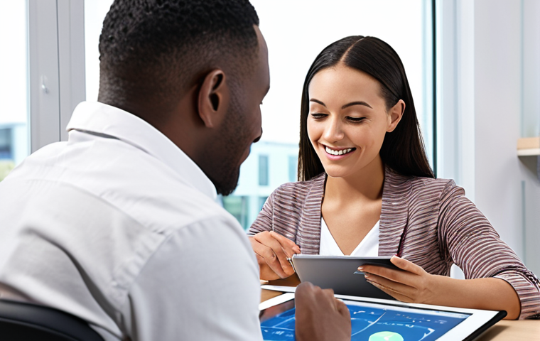 **
Prompt: A wellness consultant providing personalized advice to a client in a bright, modern office. The consultant is using a tablet to show data related to the client's sleep patterns and fitness activity. The client looks engaged and optimistic. Focus on the individual approach and use of technology.
**