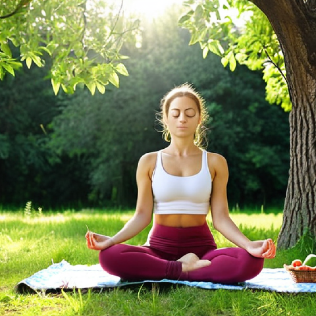 **

A serene scene of a woman practicing yoga outdoors in a park in Russia, surrounded by lush greenery. The sun is shining, and she appears peaceful and focused. Depict her wearing comfortable, eco-friendly clothing. In the background, show subtle elements representing healthy eating (e.g., a picnic basket with fresh fruits and vegetables) and mental well-being (e.g., someone reading a book under a tree). The overall mood should be calming and harmonious, reflecting the concept of "wellness."

**
