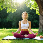 **

A serene scene of a woman practicing yoga outdoors in a park in Russia, surrounded by lush greenery. The sun is shining, and she appears peaceful and focused. Depict her wearing comfortable, eco-friendly clothing. In the background, show subtle elements representing healthy eating (e.g., a picnic basket with fresh fruits and vegetables) and mental well-being (e.g., someone reading a book under a tree). The overall mood should be calming and harmonious, reflecting the concept of "wellness."

**