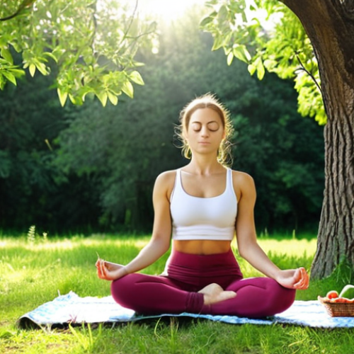 Home 7 **
A serene scene of a woman practicing yoga outdoors in a park in Russia, surrounded by lush greenery. The sun is shining, and she appears peaceful and focused. Depict her wearing comfortable, eco-friendly clothing. In the background, show subtle elements representing healthy eating (e.g., a picnic basket with fresh fruits and vegetables) and mental well-being (e.g., someone reading a book under a tree). The overall mood should be calming and harmonious, reflecting the concept of "wellness."
**