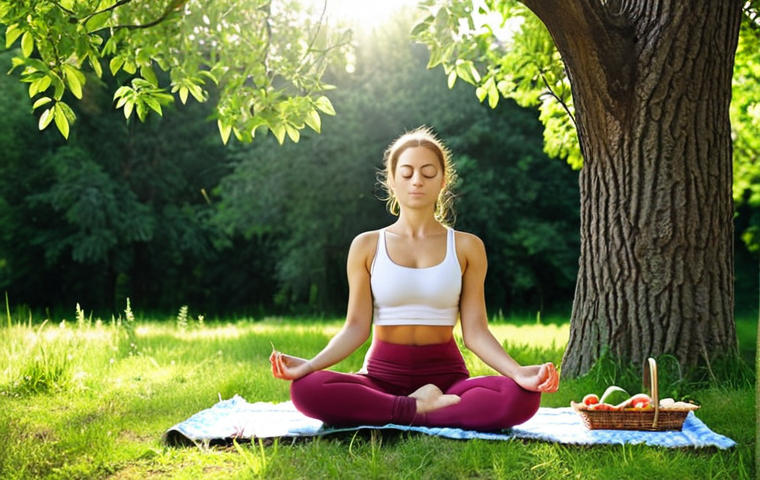 **
A serene scene of a woman practicing yoga outdoors in a park in Russia, surrounded by lush greenery. The sun is shining, and she appears peaceful and focused. Depict her wearing comfortable, eco-friendly clothing. In the background, show subtle elements representing healthy eating (e.g., a picnic basket with fresh fruits and vegetables) and mental well-being (e.g., someone reading a book under a tree). The overall mood should be calming and harmonious, reflecting the concept of "wellness."
**