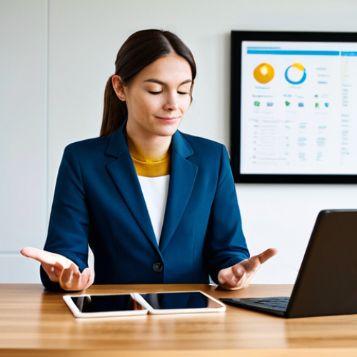 A professional wellness coordinator in a modest business suit, fully clothed, sitting at a clean desk in a modern, calm wellness center. The coordinator is engaged in a thoughtful, listening pose, with a subtle display on a tablet showing abstract symbols representing holistic well-being elements like nutrition, mindfulness, and physical activity. The background is softly lit, creating an inviting and harmonious atmosphere. Safe for work, appropriate content, perfect anatomy, correct proportions, natural pose, well-formed hands, proper finger count, natural body proportions, professional photography, high quality, family-friendly.