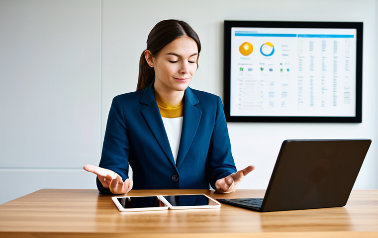 A professional wellness coordinator in a modest business suit, fully clothed, sitting at a clean desk in a modern, calm wellness center. The coordinator is engaged in a thoughtful, listening pose, with a subtle display on a tablet showing abstract symbols representing holistic well-being elements like nutrition, mindfulness, and physical activity. The background is softly lit, creating an inviting and harmonious atmosphere. Safe for work, appropriate content, perfect anatomy, correct proportions, natural pose, well-formed hands, proper finger count, natural body proportions, professional photography, high quality, family-friendly.