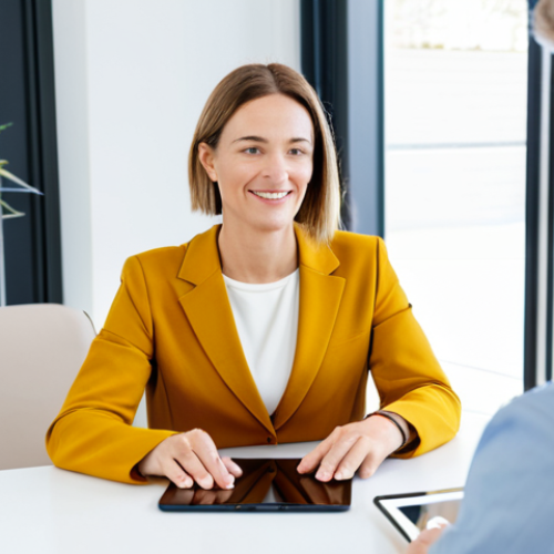 A professional female wellness coordinator in a modest business casual outfit, sitting across from a male client in appropriate attire within a bright, modern wellness consultation room. They are engaged in a calm, collaborative discussion, with a tablet displaying a holistic wellness plan visible on the table. The background includes soft, natural light, a discreet potted plant, and clean lines, emphasizing a supportive and comprehensive approach to well-being. safe for work, appropriate content, fully clothed, professional, perfect anatomy, correct proportions, natural pose, well-formed hands, proper finger count, natural body proportions, professional photography, high quality.