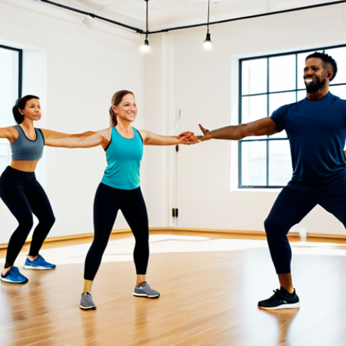 **

"A wellness coordinator, fully clothed in professional attire, leads a group fitness class in a modern, brightly lit studio. Participants are engaged in a light exercise routine. Focus on positive energy and inclusivity. Safe for work, appropriate content, perfect anatomy, natural proportions, modest clothing, family-friendly atmosphere, high resolution."

**
