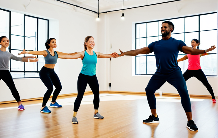 **

"A wellness coordinator, fully clothed in professional attire, leads a group fitness class in a modern, brightly lit studio. Participants are engaged in a light exercise routine. Focus on positive energy and inclusivity. Safe for work, appropriate content, perfect anatomy, natural proportions, modest clothing, family-friendly atmosphere, high resolution."

**