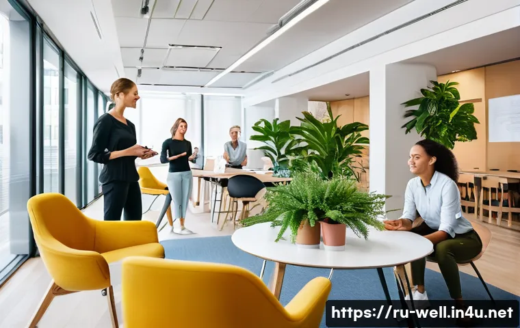 웰빙코디네이터와 비즈니스 협력 기회 - **Prompt 1: Corporate Wellness Ecosystem**
    "A modern, brightly lit open-plan office setting in a...