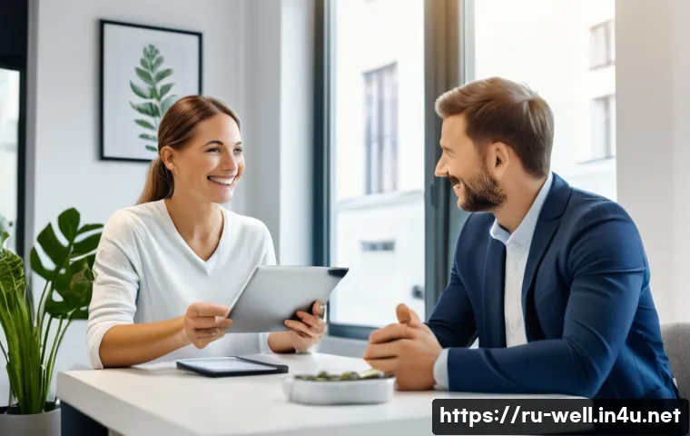 웰빙코디네이터와 건강 데이터 활용 전략 - A professional wellness coordinator conducting a motivational interview with a middle-aged Russian c...