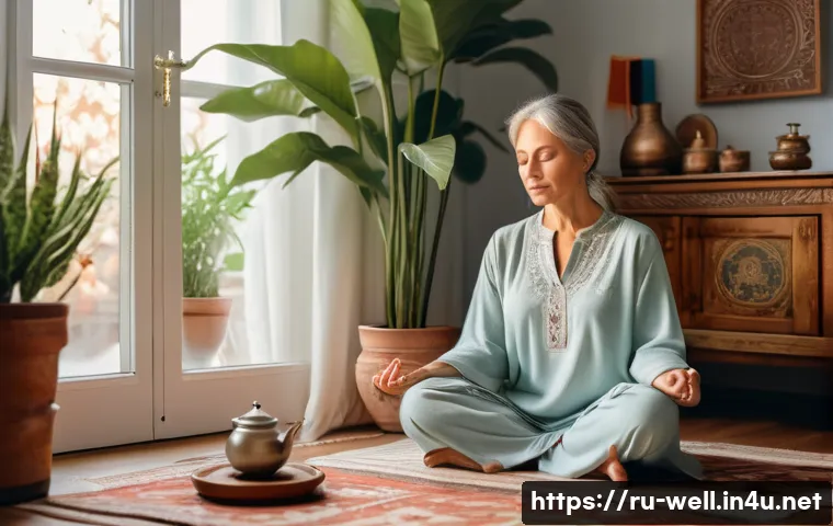 웰빙코디네이터와 커리어 코칭 - A serene scene depicting a middle-aged Russian woman practicing mindfulness meditation in a cozy, su...