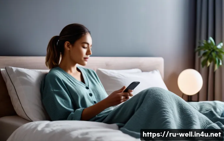 웰빙코디네이터와 최신 건강 뉴스 - A cozy, modern bedroom scene showing a young adult woman preparing for sleep: she’s dimming smart li...