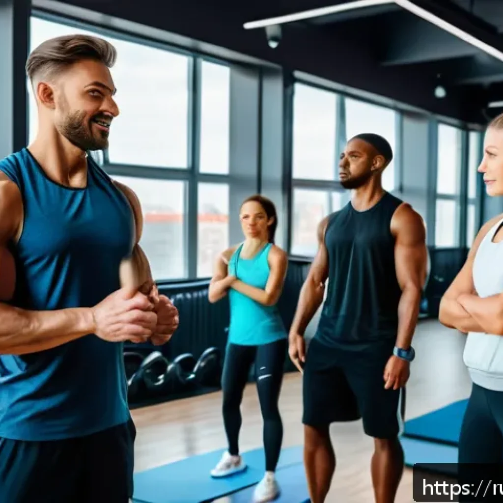 웰빙코디네이터와 직업 변화 가능성 - A modern fitness trainer coaching a diverse group of adults and teenagers in a spacious, bright gym ...