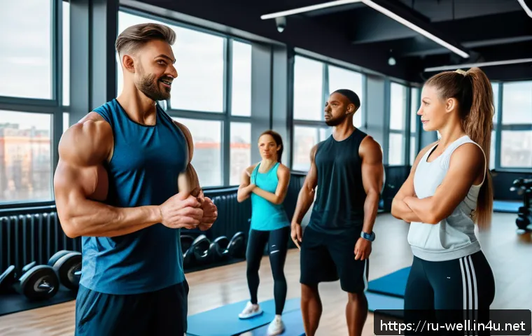 웰빙코디네이터와 직업 변화 가능성 - A modern fitness trainer coaching a diverse group of adults and teenagers in a spacious, bright gym ...