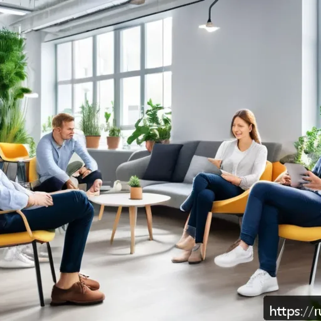웰빙코디네이터와 직장 내 팀워크 - A modern Russian office environment showing a diverse group of employees engaged in a team-building ...