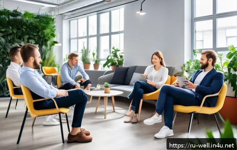 웰빙코디네이터와 직장 내 팀워크 - A modern Russian office environment showing a diverse group of employees engaged in a team-building ...