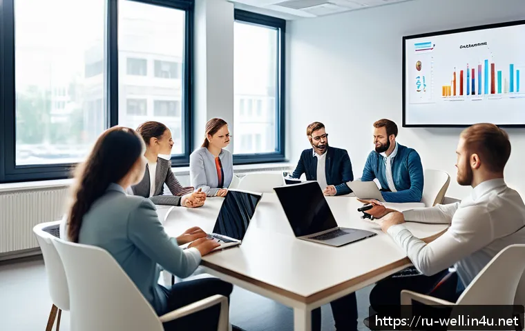 웰빙코디네이터와 고객 리뷰 관리 - A modern corporate office scene showing a diverse team of Russian professionals engaged in a friendl...