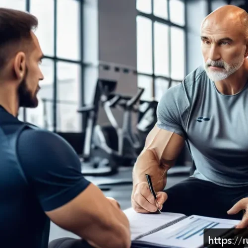 웰빙코디네이터와 운동 처방 - A professional fitness coach conducting a detailed one-on-one consultation with a middle-aged Russia...