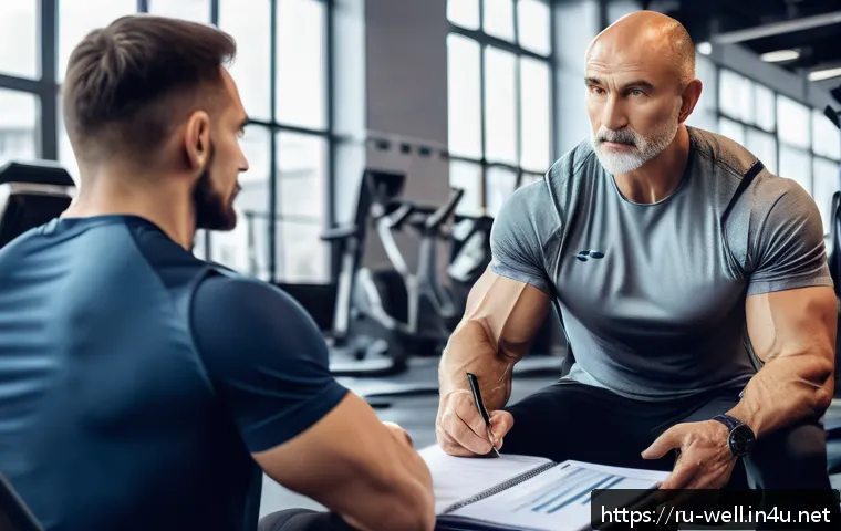 웰빙코디네이터와 운동 처방 - A professional fitness coach conducting a detailed one-on-one consultation with a middle-aged Russia...