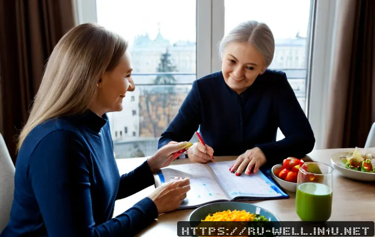 Home 17 웰빙코디네이터와 건강 목표 점검 방법 - Photorealistic wellness coaching session in a bright modern Moscow apartment, a friendly middle-aged...